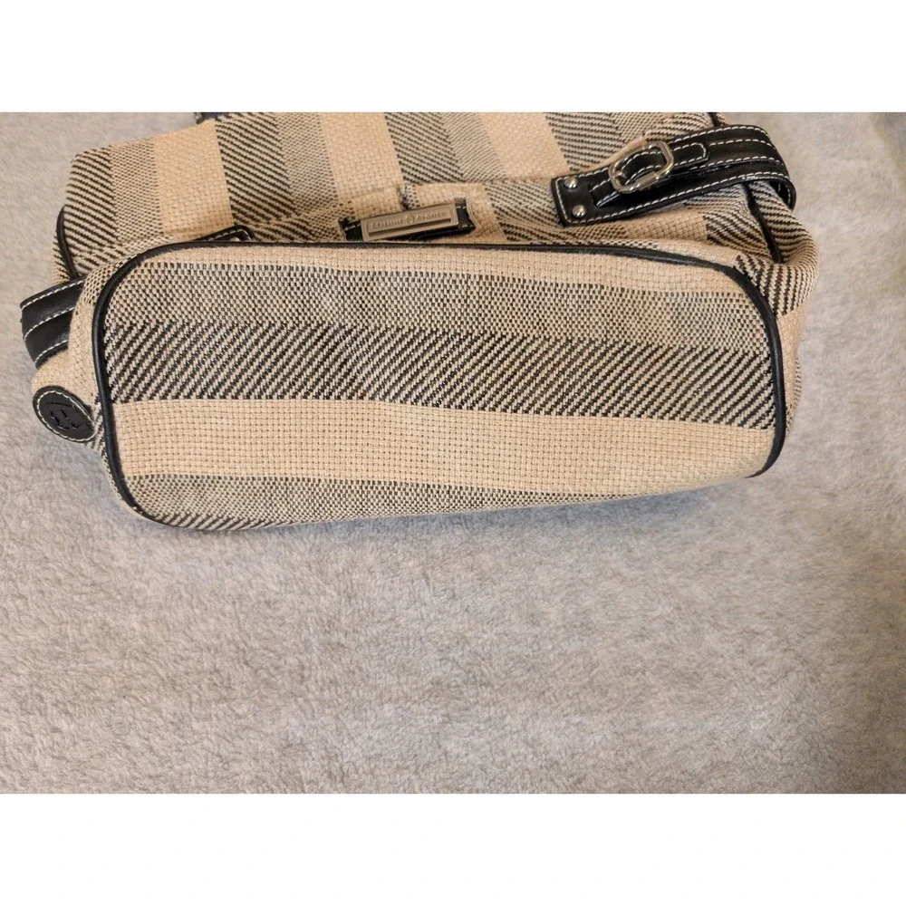 Etienne Aigner Linen Blend Shoulder Tote Bag Black Beige Leather Accents Women's